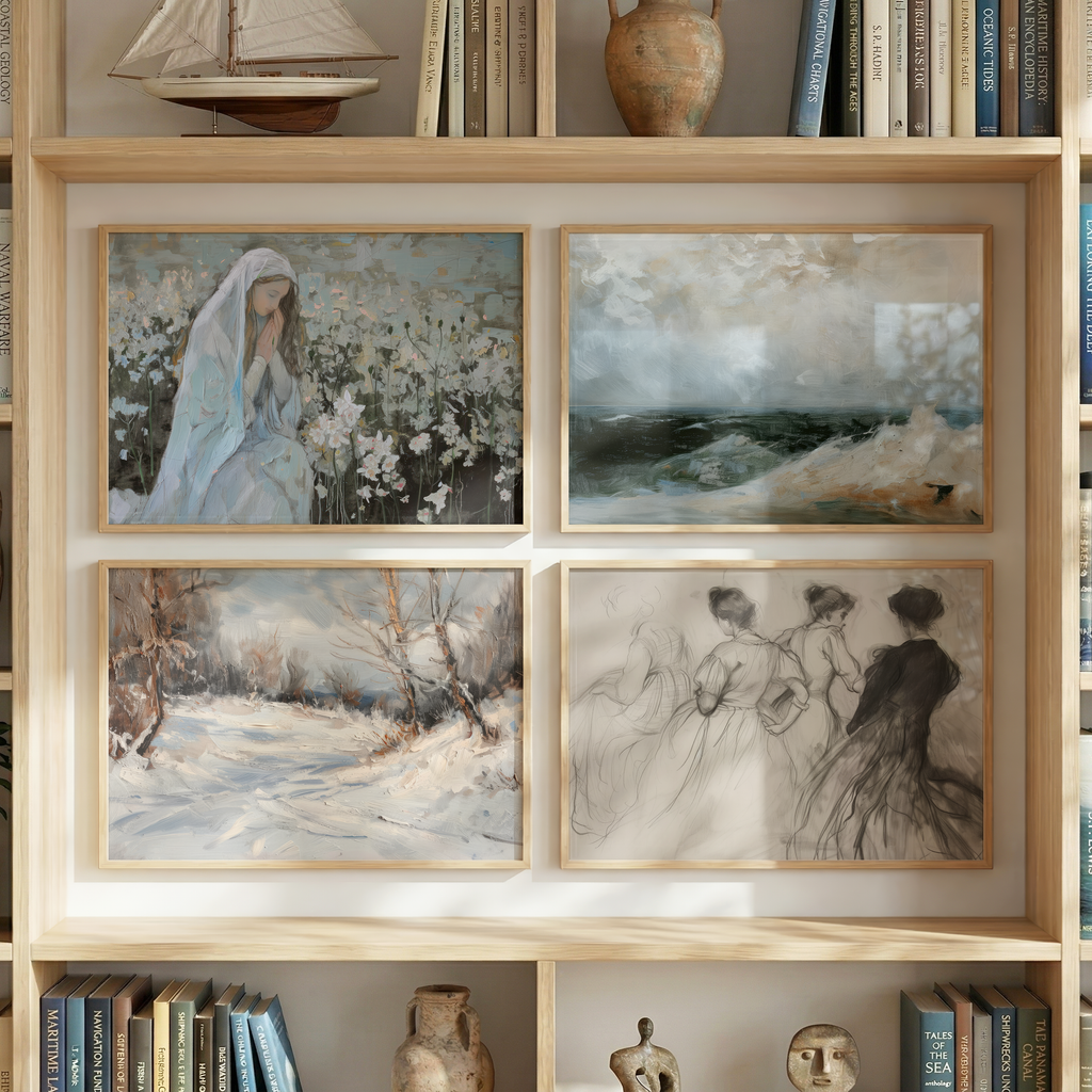 Moderne Vintage Kunst Poster · Geschenkidee · Pferd Winterlandschaft Figuren Klassische Wandkunst · Dekoprint ohne Rahmen