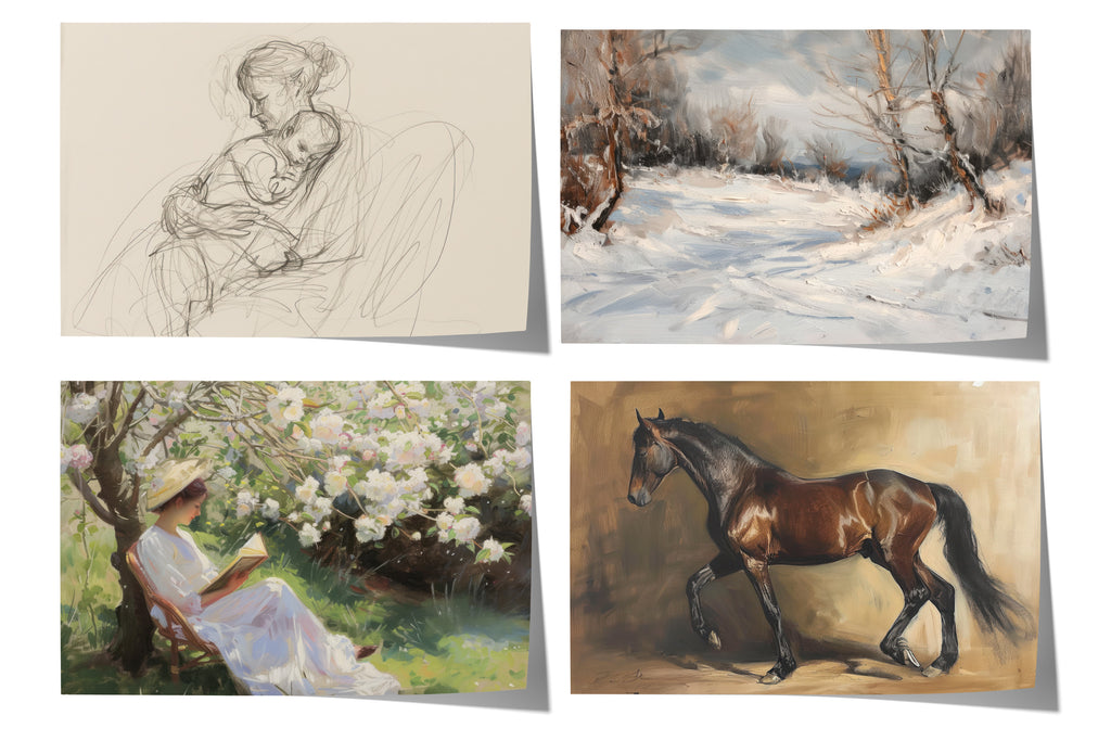 Moderne Vintage Kunst Poster · Geschenkidee · Pferd Winterlandschaft Figuren Klassische Wandkunst · Dekoprint ohne Rahmen